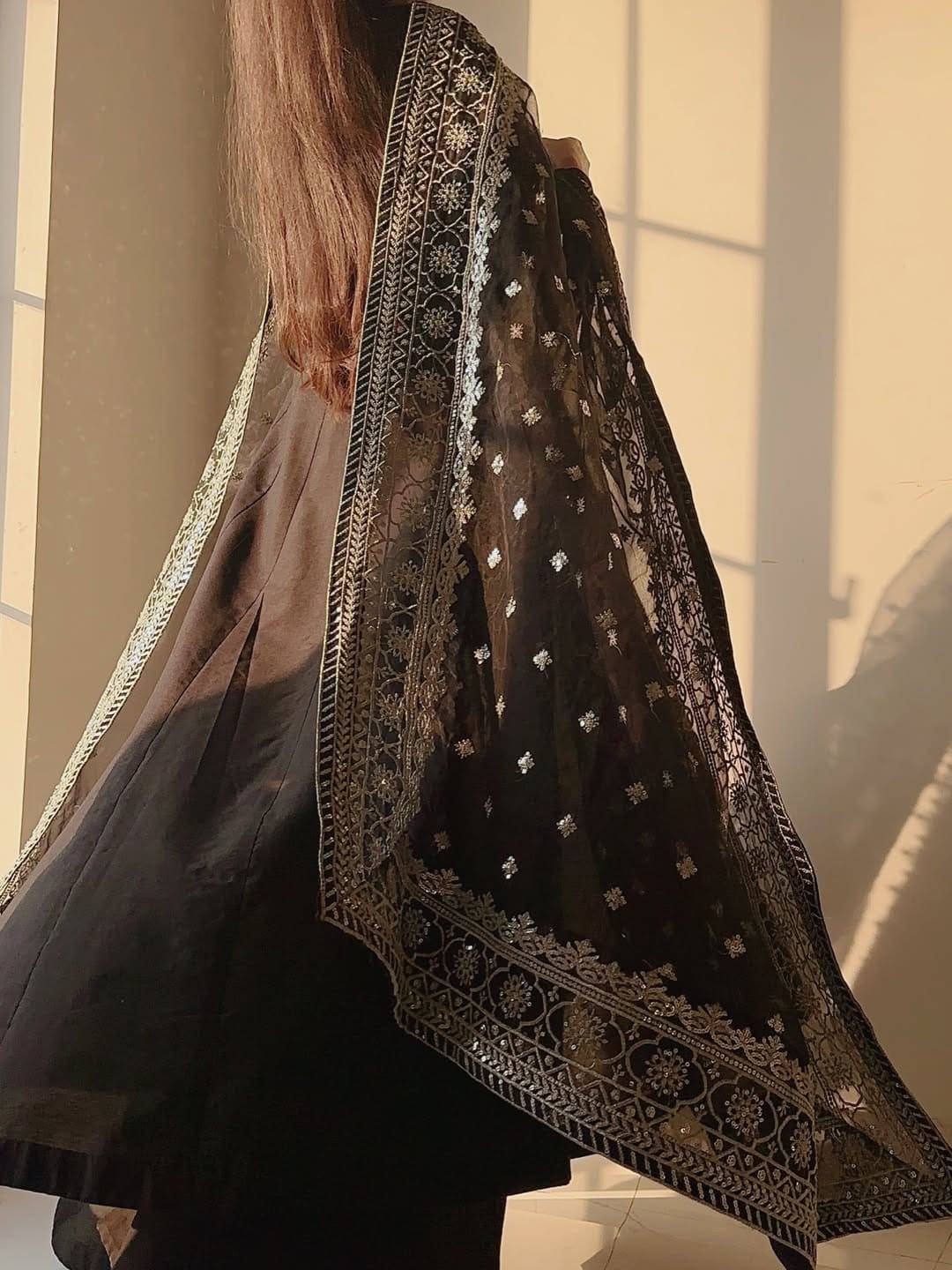 Black  Frock with Embroidered Dupatta
